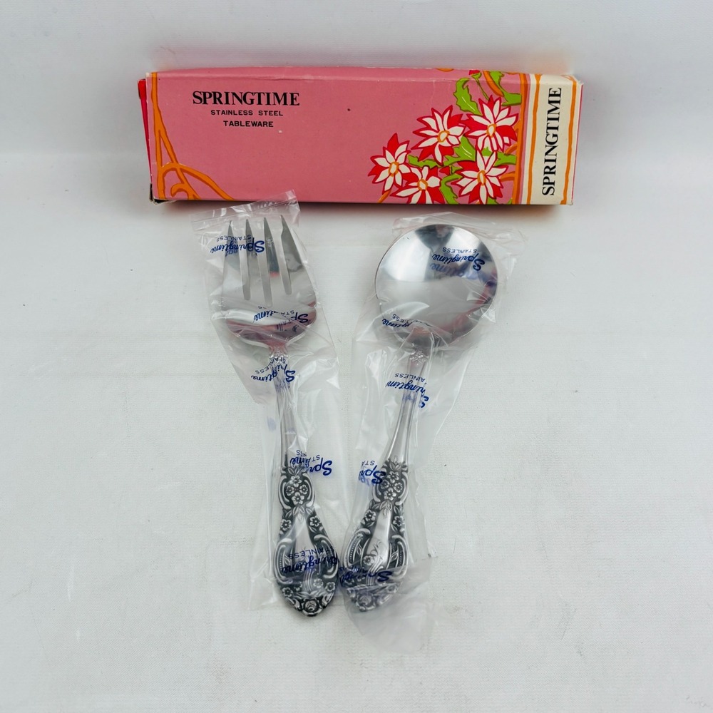 Vtg Springtime 2 Piece Serving Set Cold Meat Fork Berry Spoon Stainless Steel